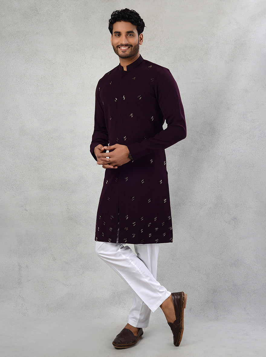 Classic wine Silk Kurta Pajama for men with Sali work embroidery for sangeet.