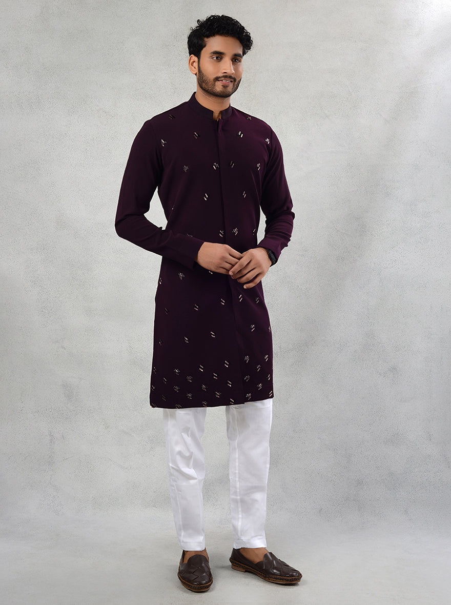 Wine Sun Silk Kurta Pajama with straight cut and embroidered for traditional events.