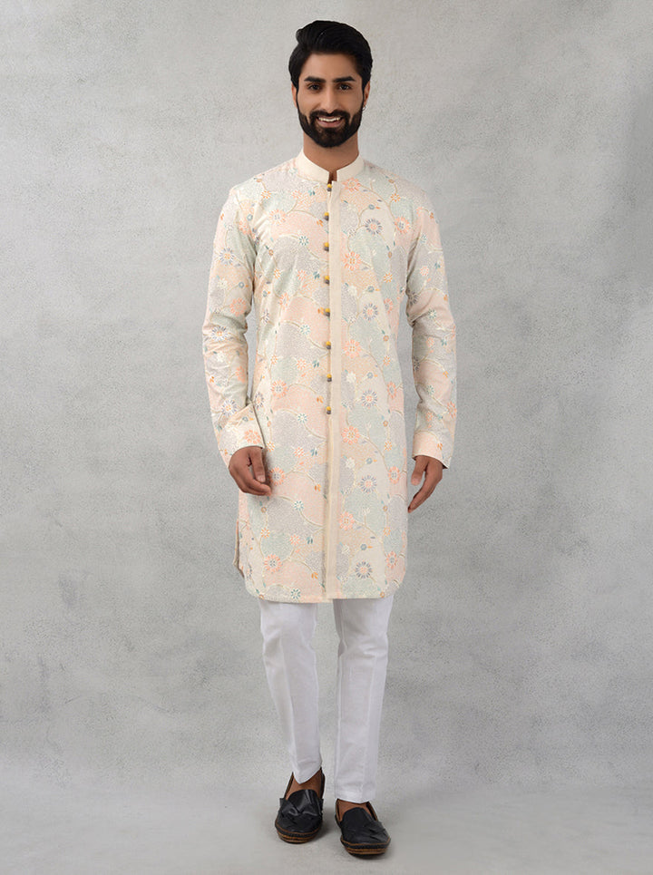 Beige & Peach Linen Kurta Pajama with Apple Cut Design