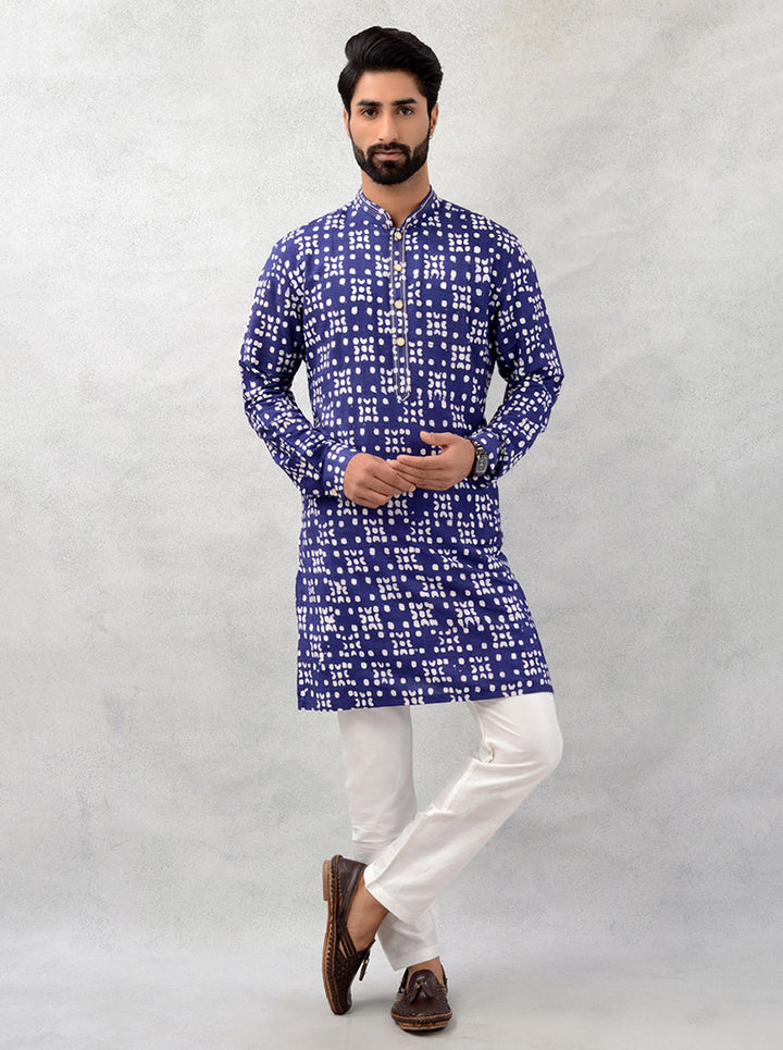 Indigo blue silk blend printed kurta pajama, men’s cultural wear