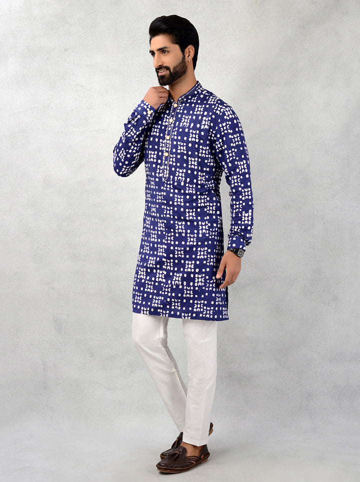 Men’s indigo blue kurta pajama, silk blend, printed for festivals