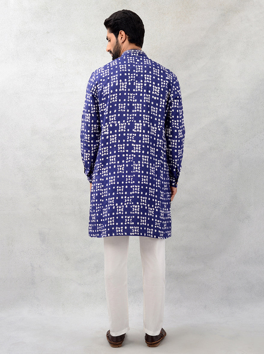 Elegant indigo blue silk kurta, printed, perfect for celebrations