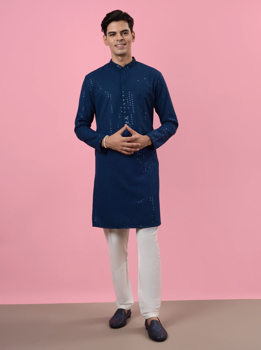 Elegant blue kurta pajama featuring exquisite embroidery for festive occasions in the USA.