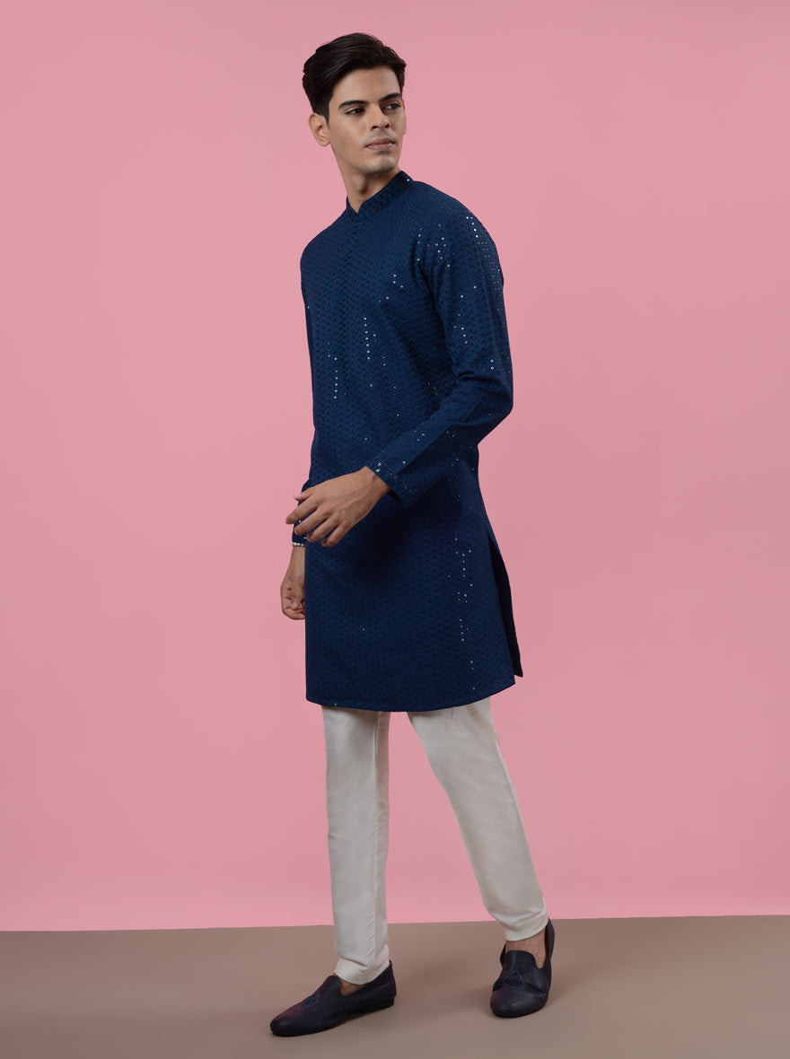 Unique blue kurta pajama designed for celebrations in the USA, perfect for men.