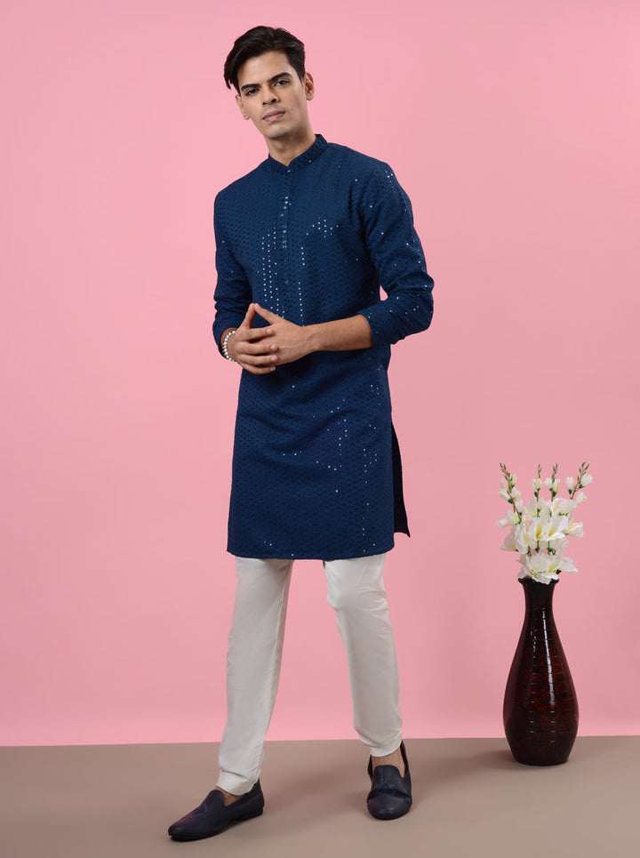 Stylish blue kurta pajama, perfect for sangeet or engagement events in the USA.