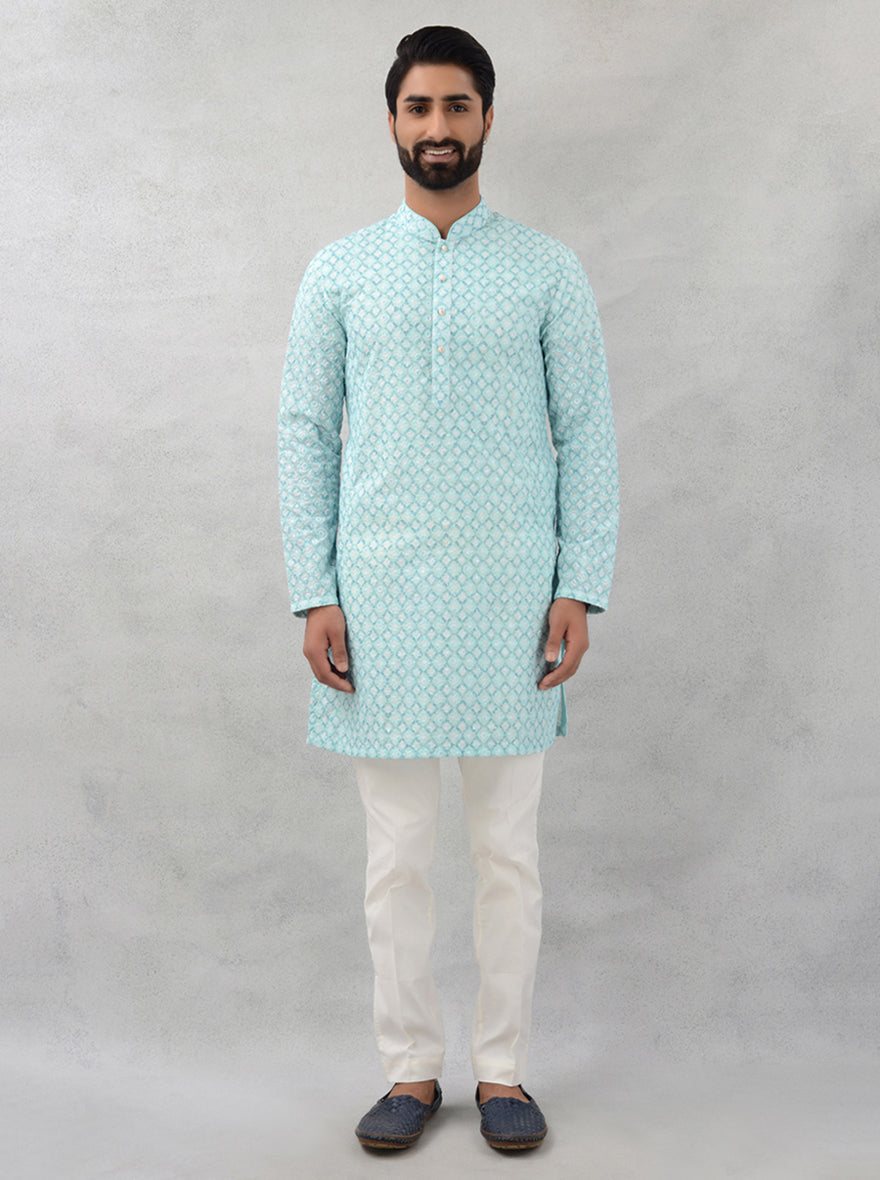 Mint green silk blend kurta pajama, embroidered wedding wear