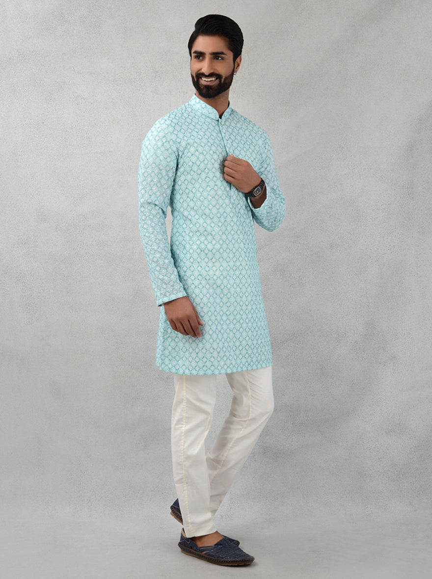 Unique mint green kurta pajama designed for festive celebrations in the USA.