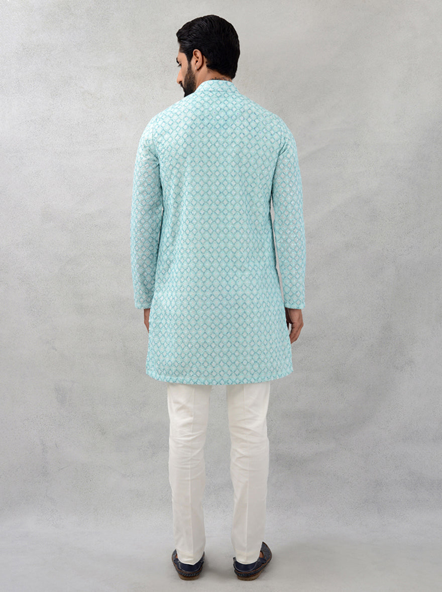 Elegant mint green silk kurta, embroidered, ideal for celebrations