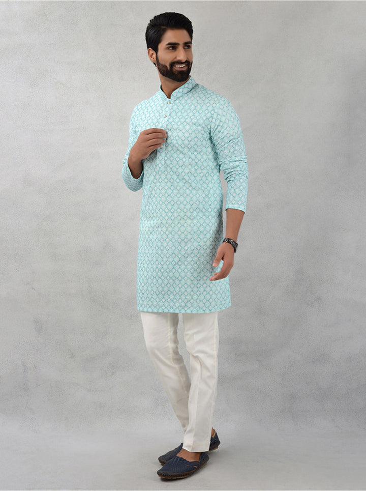 Mint green silk kurta pajama with embroidery, special occasion wear