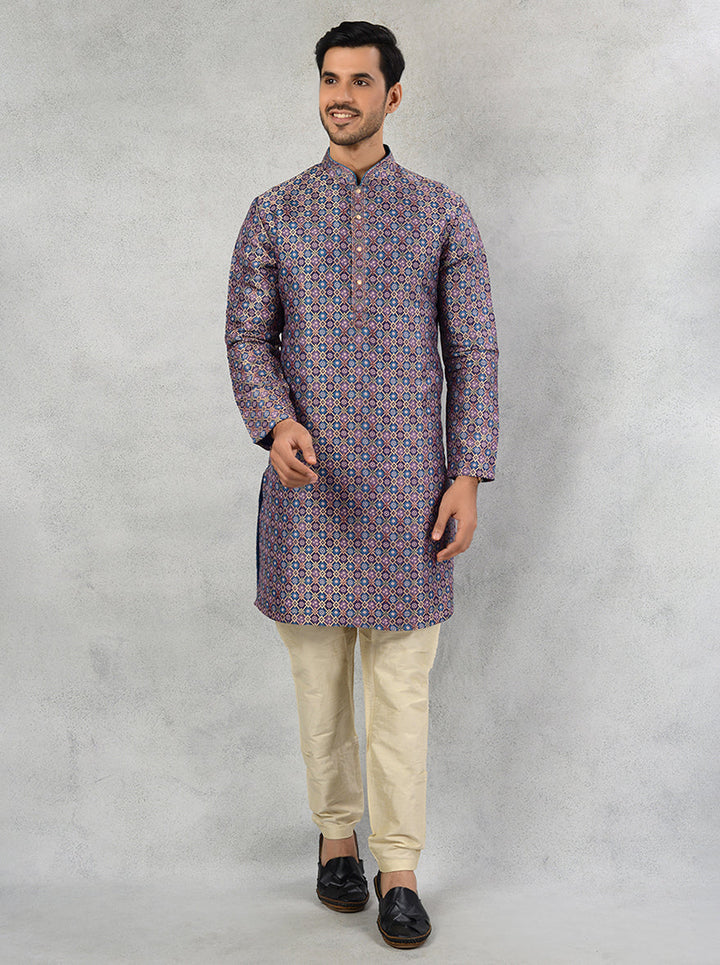 Elegant purple jacquard kurta set for men, designed for festive occasions.