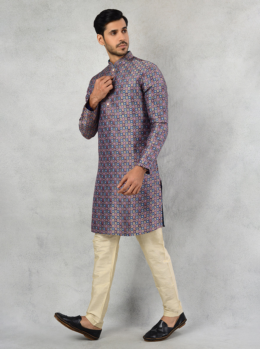 Elegant Teal Blue Gold Silk Jacquard Kurta Pajama for Men, Perfect for Ganesh Pooja