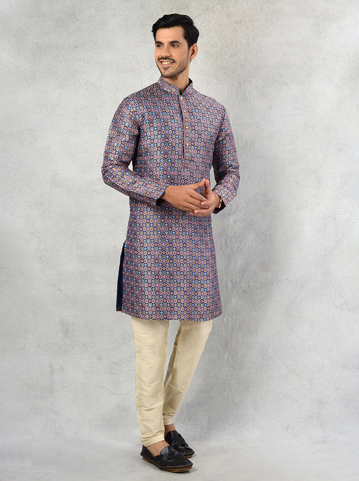 Men's Silk Jacquard Teal Blue Gold Kurta Pajama, Perfect for Ganesh Pooja and Gruh Shanti