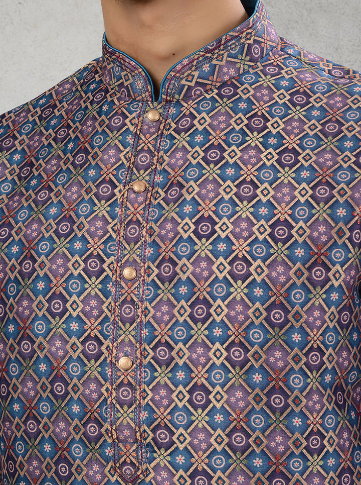 Self Design Teal Blue Gold Silk Jacquard Kurta Pajama for Men, Ideal for Traditional Ceremonies