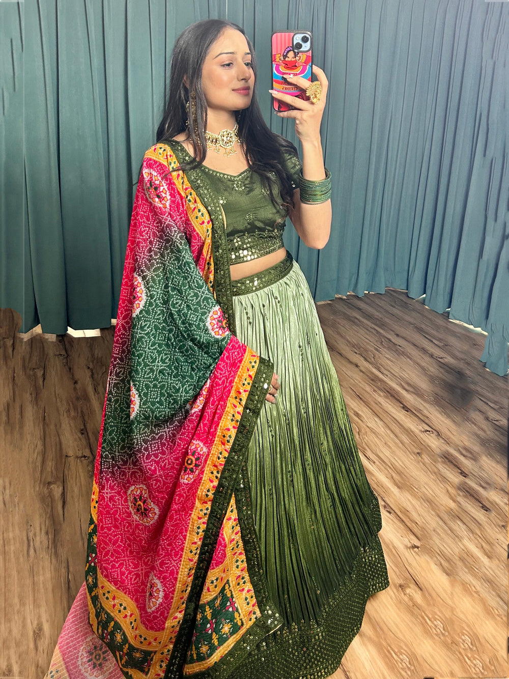 Fascinating Green Sequins Chinon Sangeet Wear Lehenga Choli