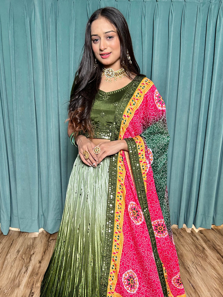 Fascinating Green Sequins Chinon Sangeet Wear Lehenga Choli