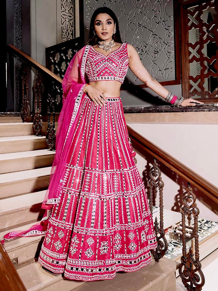 Bewitching Pink Mirror Work Silk Bridesmaid Lehenga Choli With Dupatta