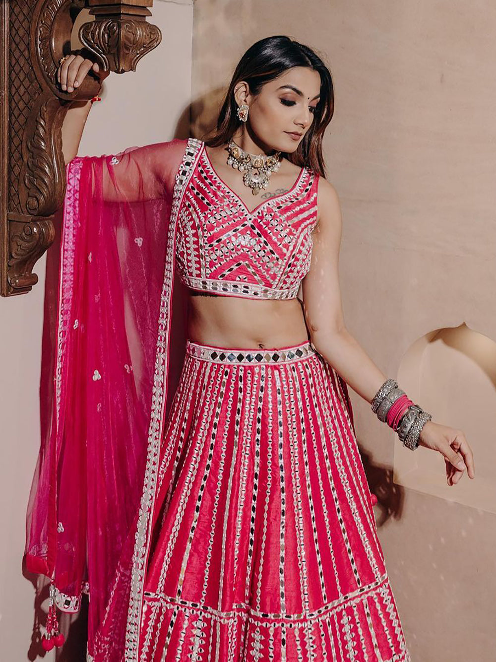 Bewitching Pink Mirror Work Silk Bridesmaid Lehenga Choli With Dupatta