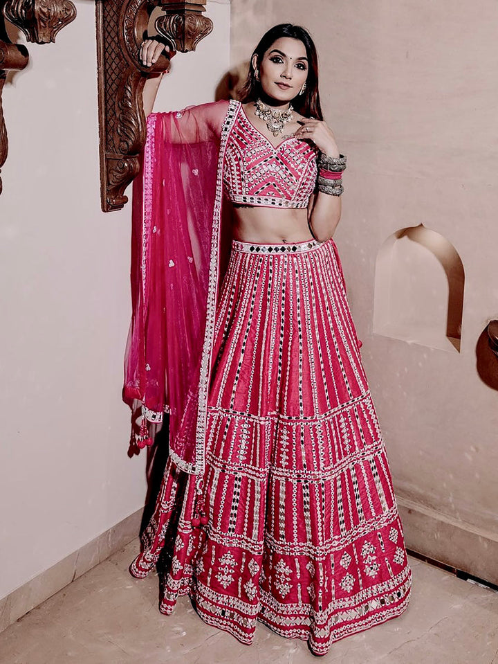 Bewitching Pink Mirror Work Silk Bridesmaid Lehenga Choli With Dupatta