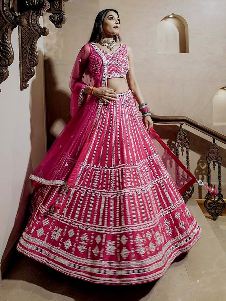 Bewitching Pink Mirror Work Silk Bridesmaid Lehenga Choli With Dupatta