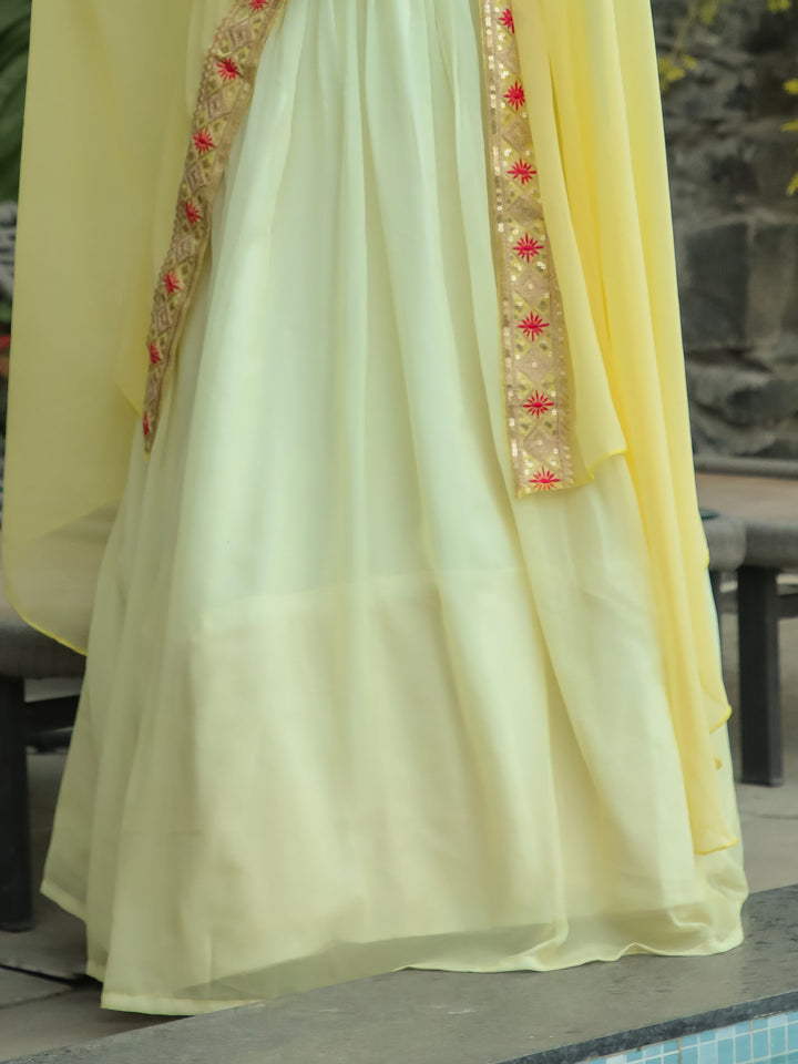 Beautiful Yellow Georgette Haldi Wear Lehenga Choli With Koti