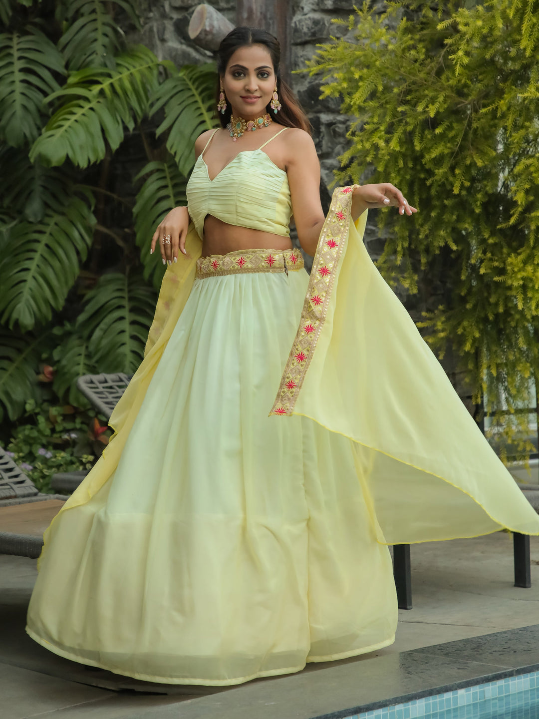 Beautiful Yellow Georgette Haldi Wear Lehenga Choli With Koti