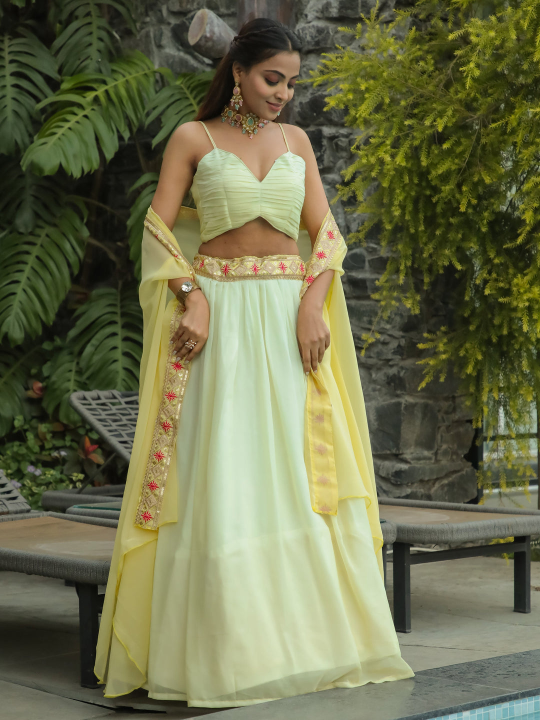 Beautiful Yellow Georgette Haldi Wear Lehenga Choli With Koti