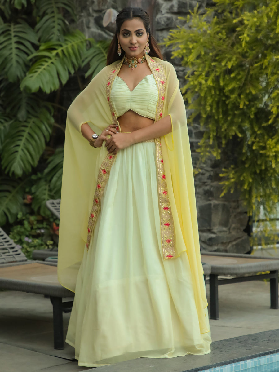 Beautiful Yellow Georgette Haldi Wear Lehenga Choli With Koti