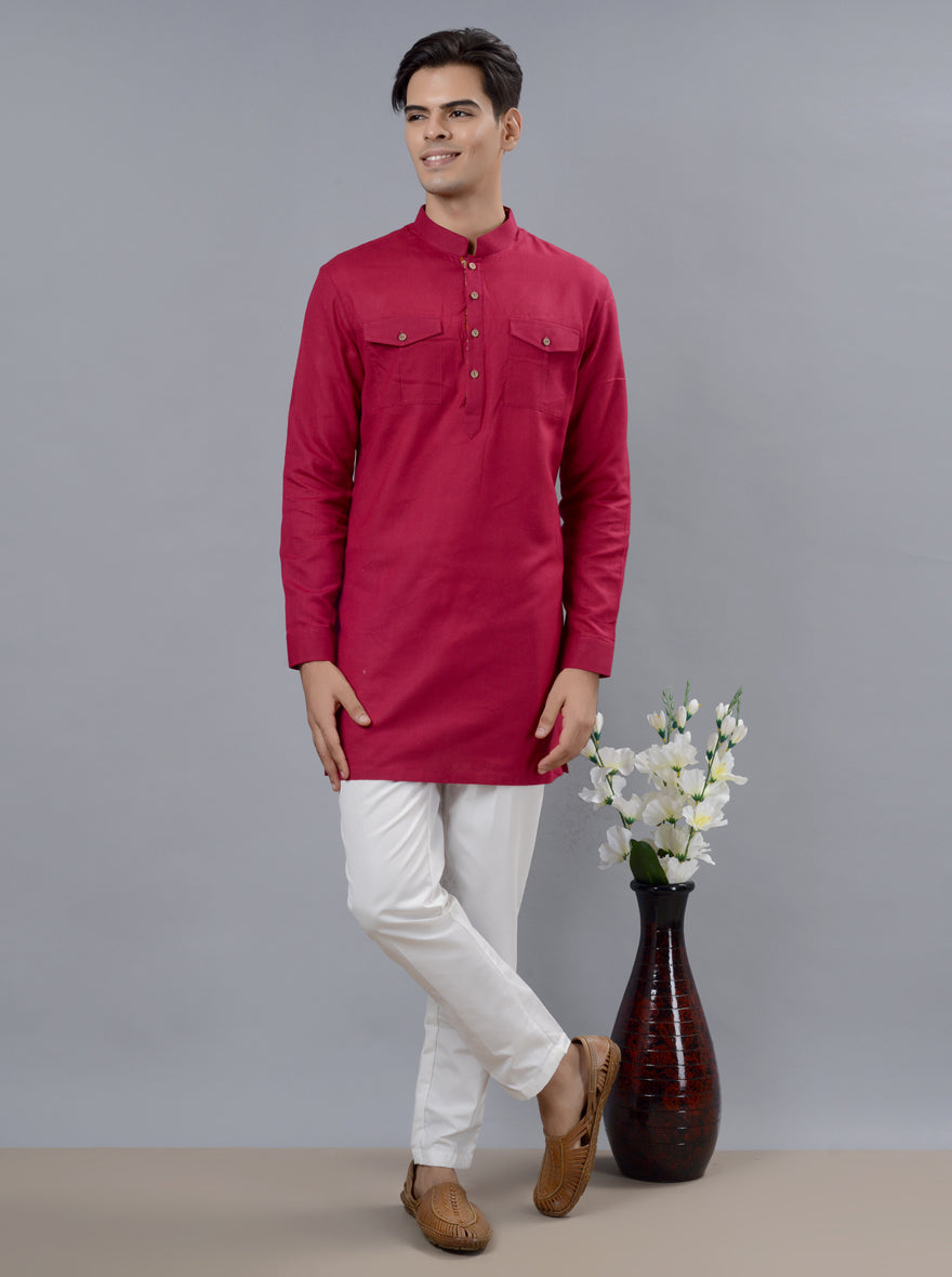 Stylish pink kurta pajama made from poly khadi, perfect for semi-traditional events in the USA.