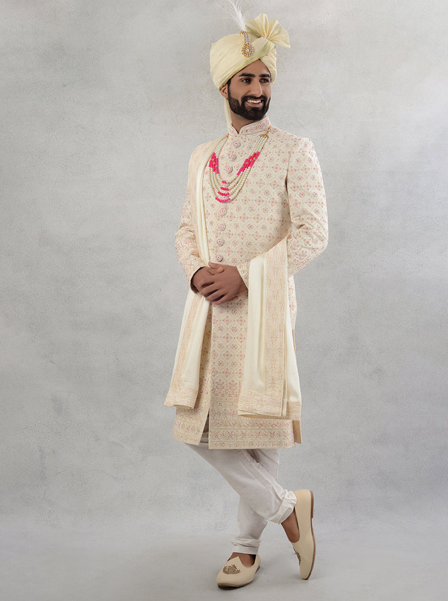 Premium silk embroidered sherwani for weddings, combining style and sophistication.