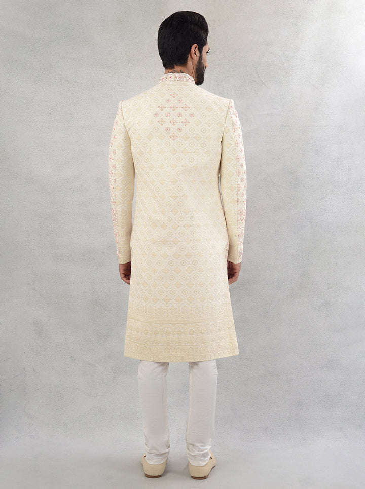 Fashionable Cream & Pink Sherwani, perfect for grooms seeking elegance and comfort.