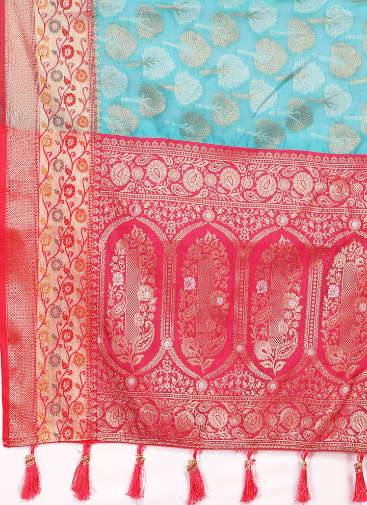 Sophisticated turquoise Organza silk saree with Meenakari artistry, perfect for grand celebrations.