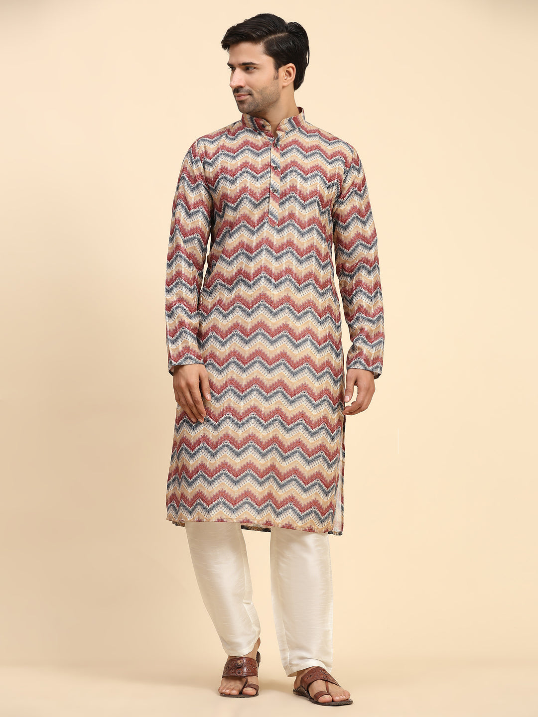 Men’s multicolor kurta pajama set with geometric print, perfect for Haldi.