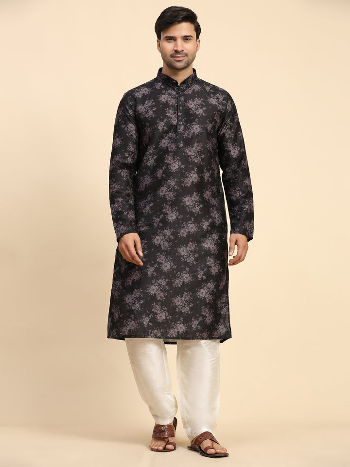 Midnight Blossom black kurta pajama set for men with floral digital print for Sangeet and festive wear.