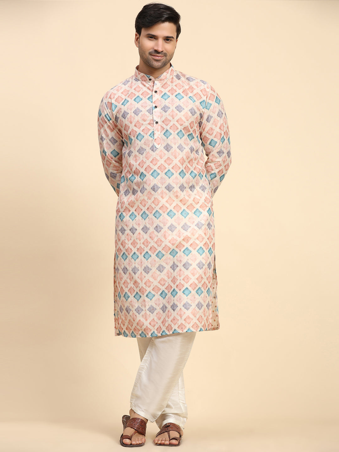 Multi-color digital print kurta pajama set for men, perfect for festive celebrations.