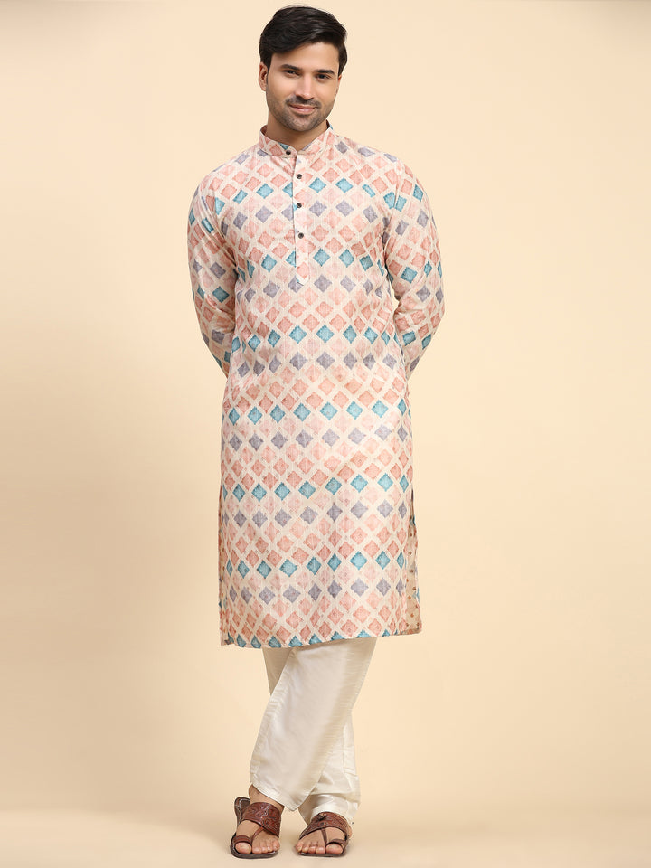 Multi-color digital print kurta pajama set for men, perfect for festive celebrations.