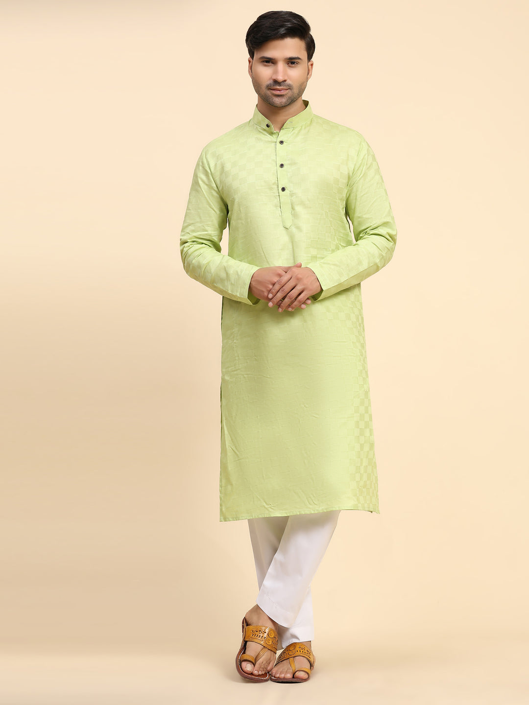 Light green pure cotton men's kurta pajama set with block work design