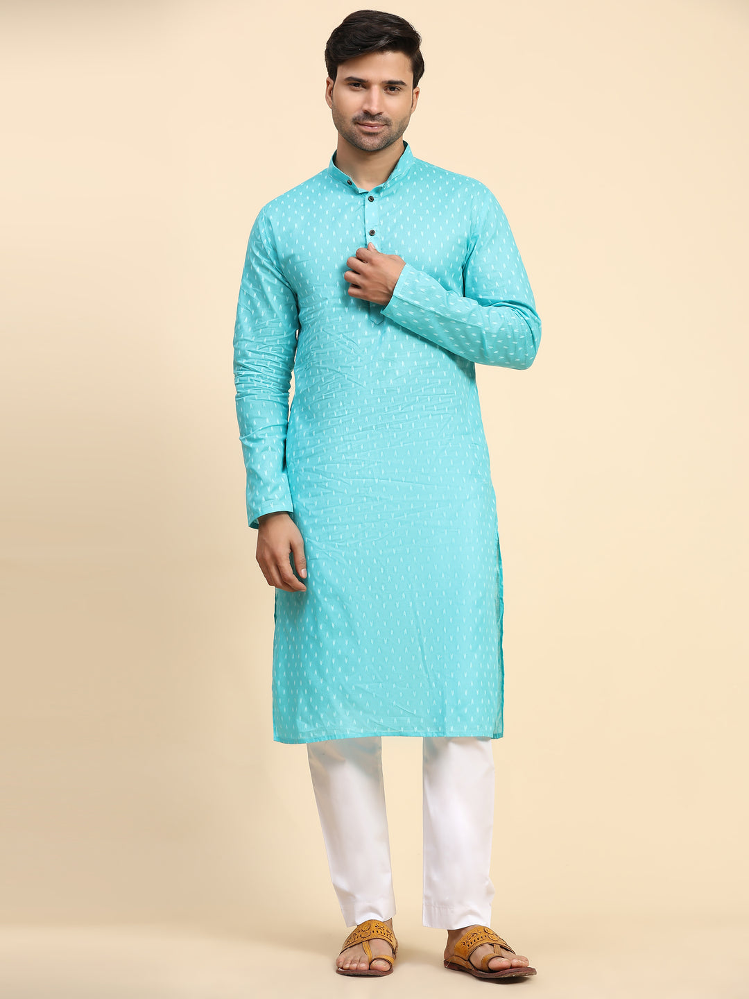 Cyan blue kurta pajama for men with intricate handwoven motifs, perfect for festive wear.