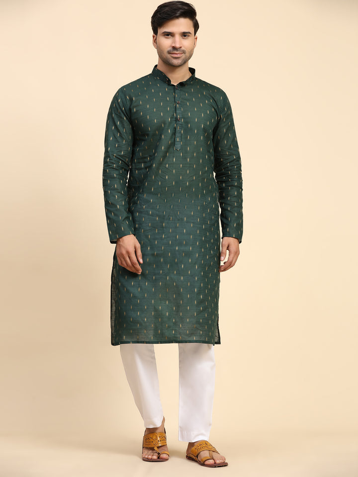 Dark green pure cotton kurta pajama with handwoven motifs for festive wear.