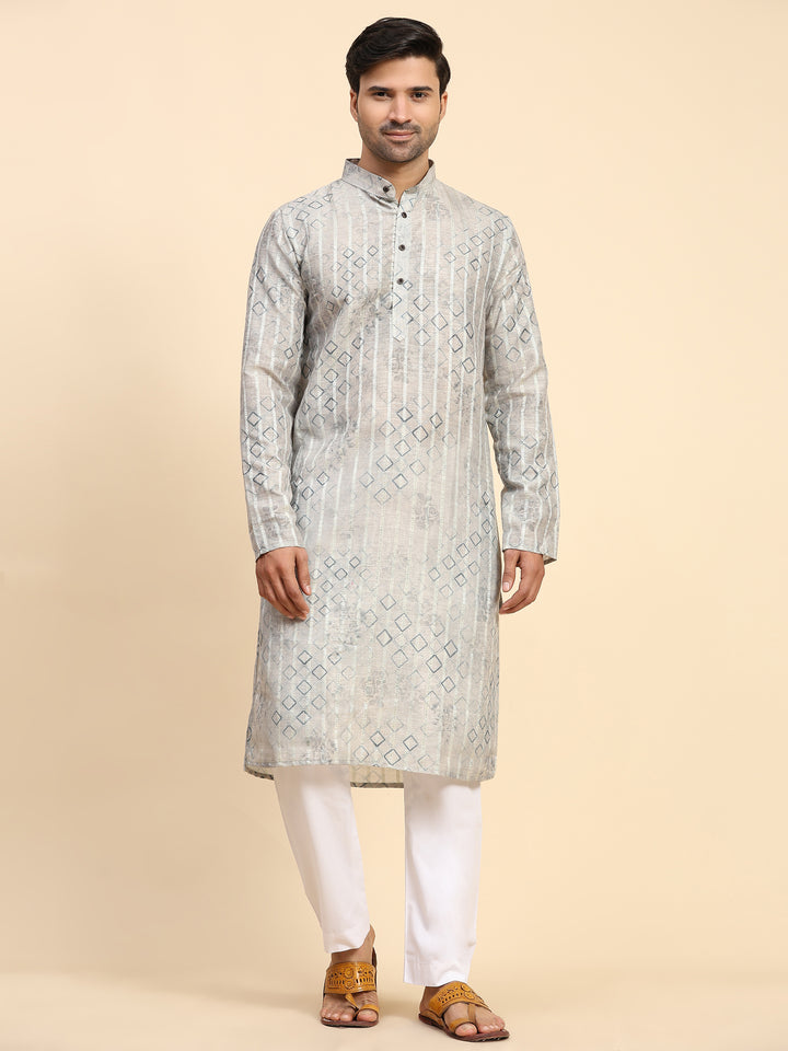 Grey kurta pajama set for men with modern geometric prints, perfect for festive occasions.