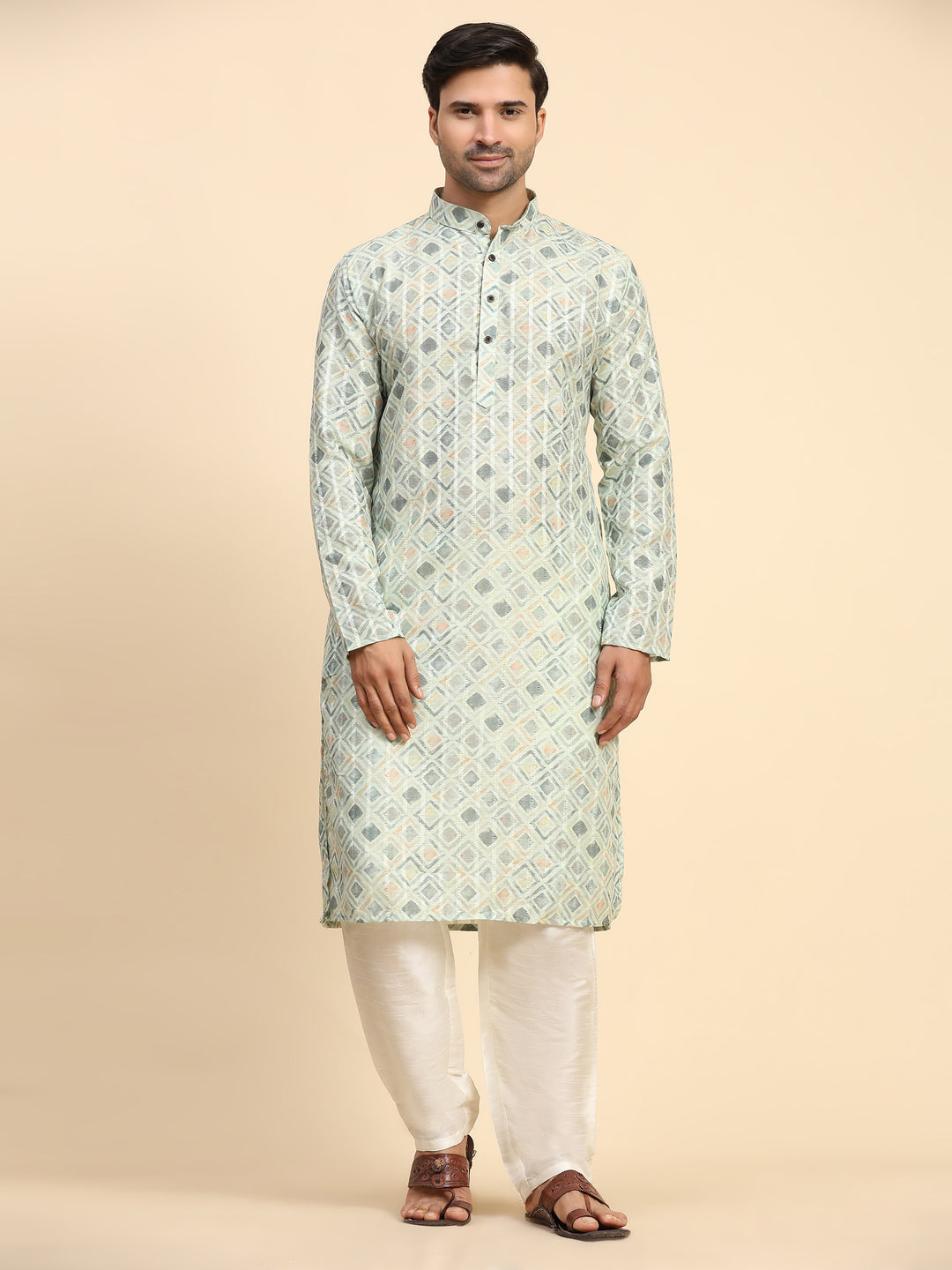 Light green kurta set for men with digital print, perfect for Mehandi ceremonies.