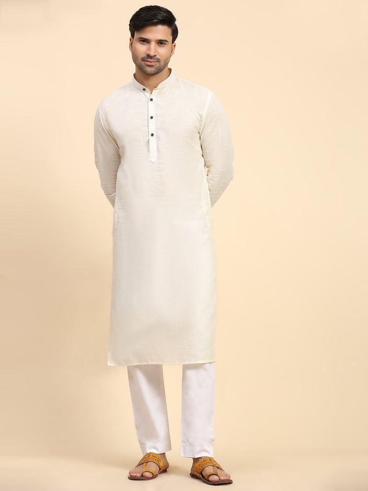 Festive men's kurta pajama in off-white cotton with luxury fit