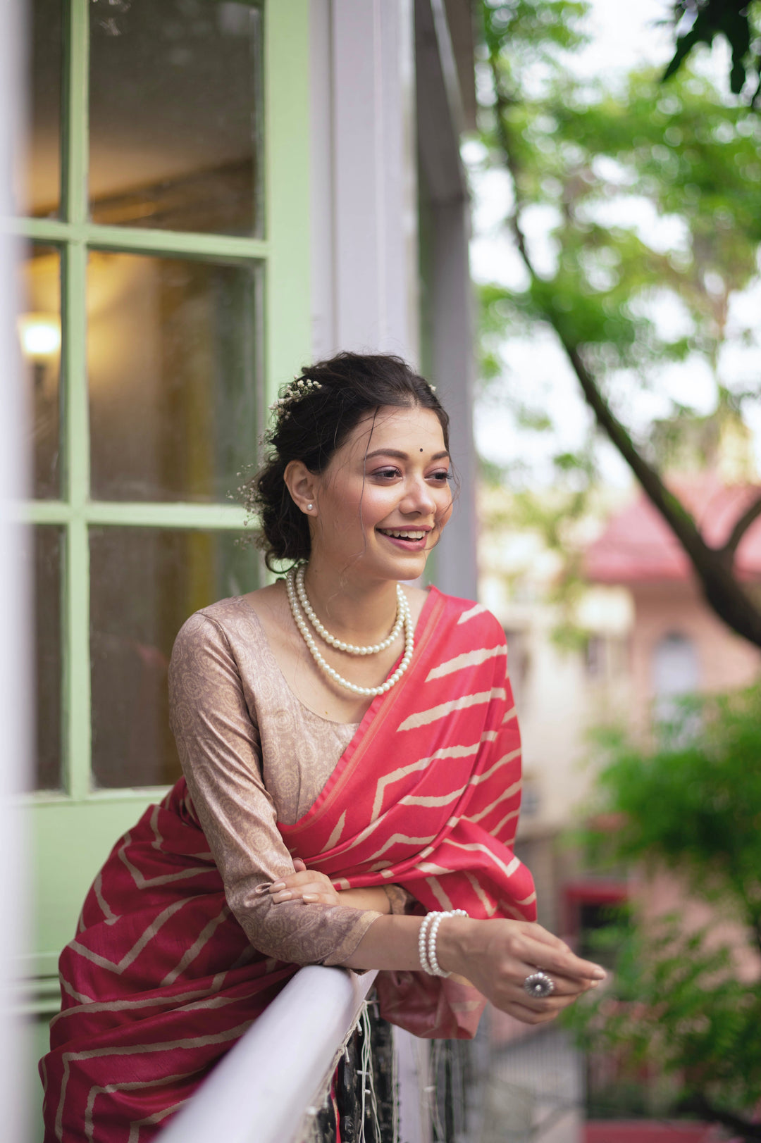 Leriya print Tussar silk saree with elegant Kalamkari pallu and zari border