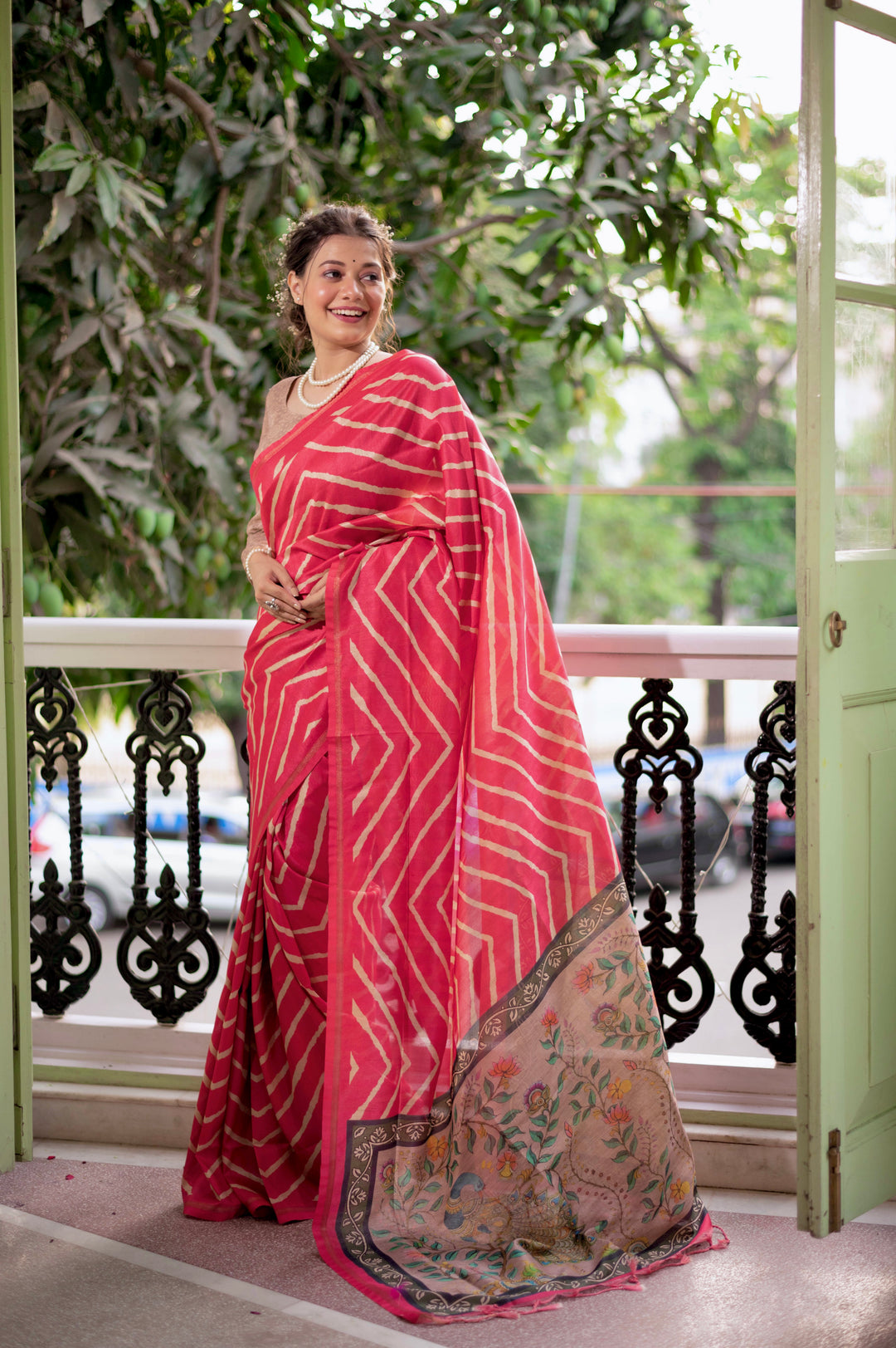 Tussar silk saree with Kalamkari-style pallu and zari border for special occasions