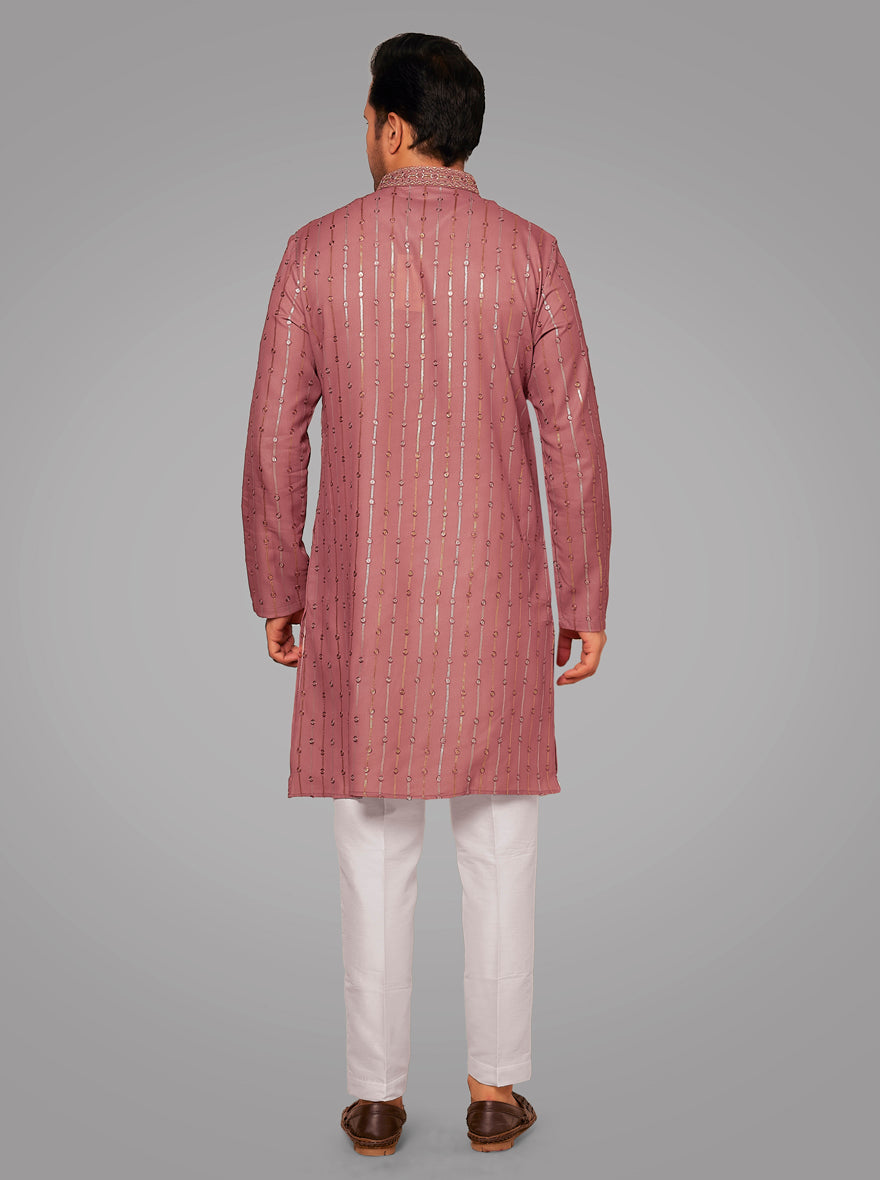 Elegant Brick Red Kurta Pajama Set for men with premium Georgette fabric.