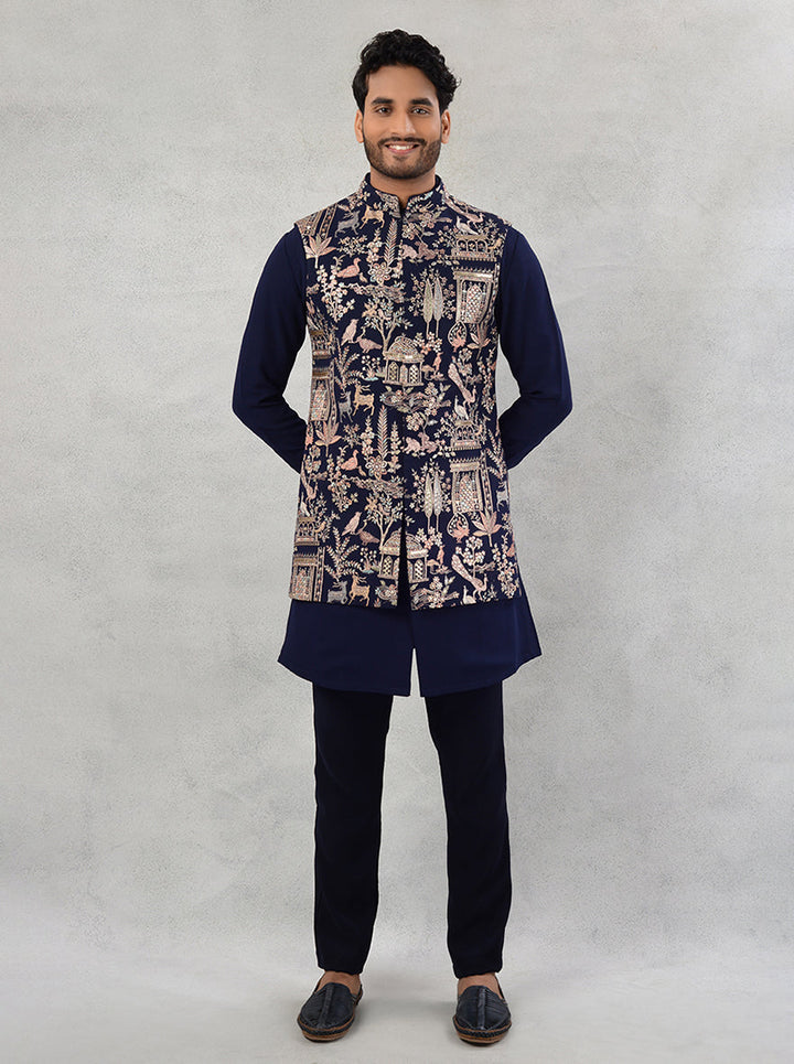 The Bandhgala jacket offers a stylish and comfortable fit for festive occasions, showcasing unique embroidery.