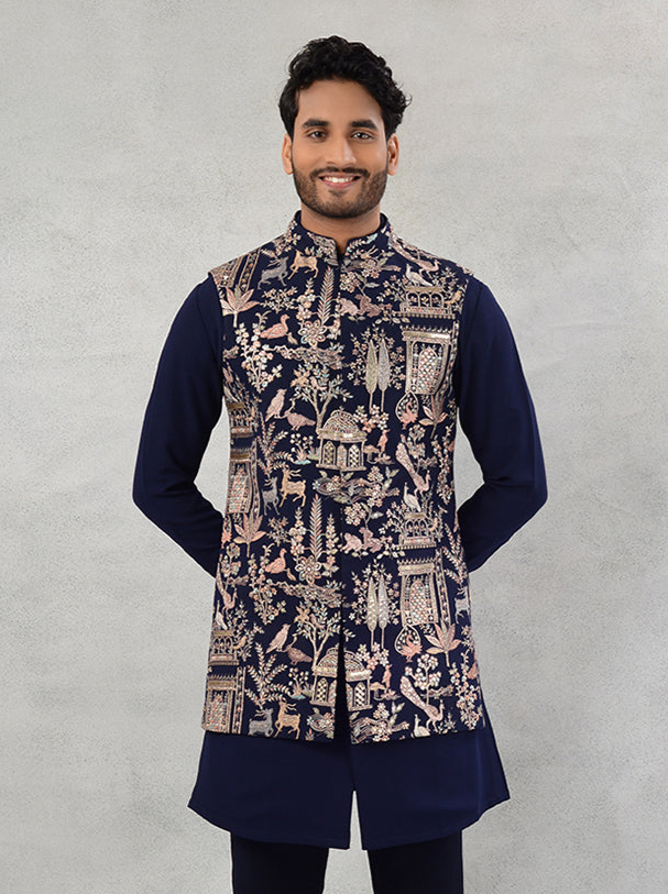 Designer Navy Blue Bandhgala Jacket | Men’s Formal Wear for Special Events