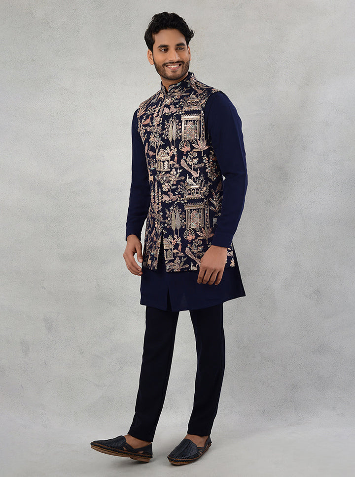 Elevate your festive attire with this navy blue Bandhgala jacket, designed for comfort and elegance.