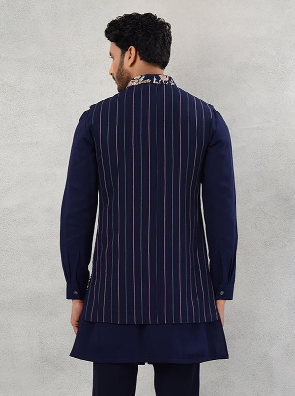 Designer Navy Blue Bandhgala Jacket | Men’s Formal Wear for Special Events