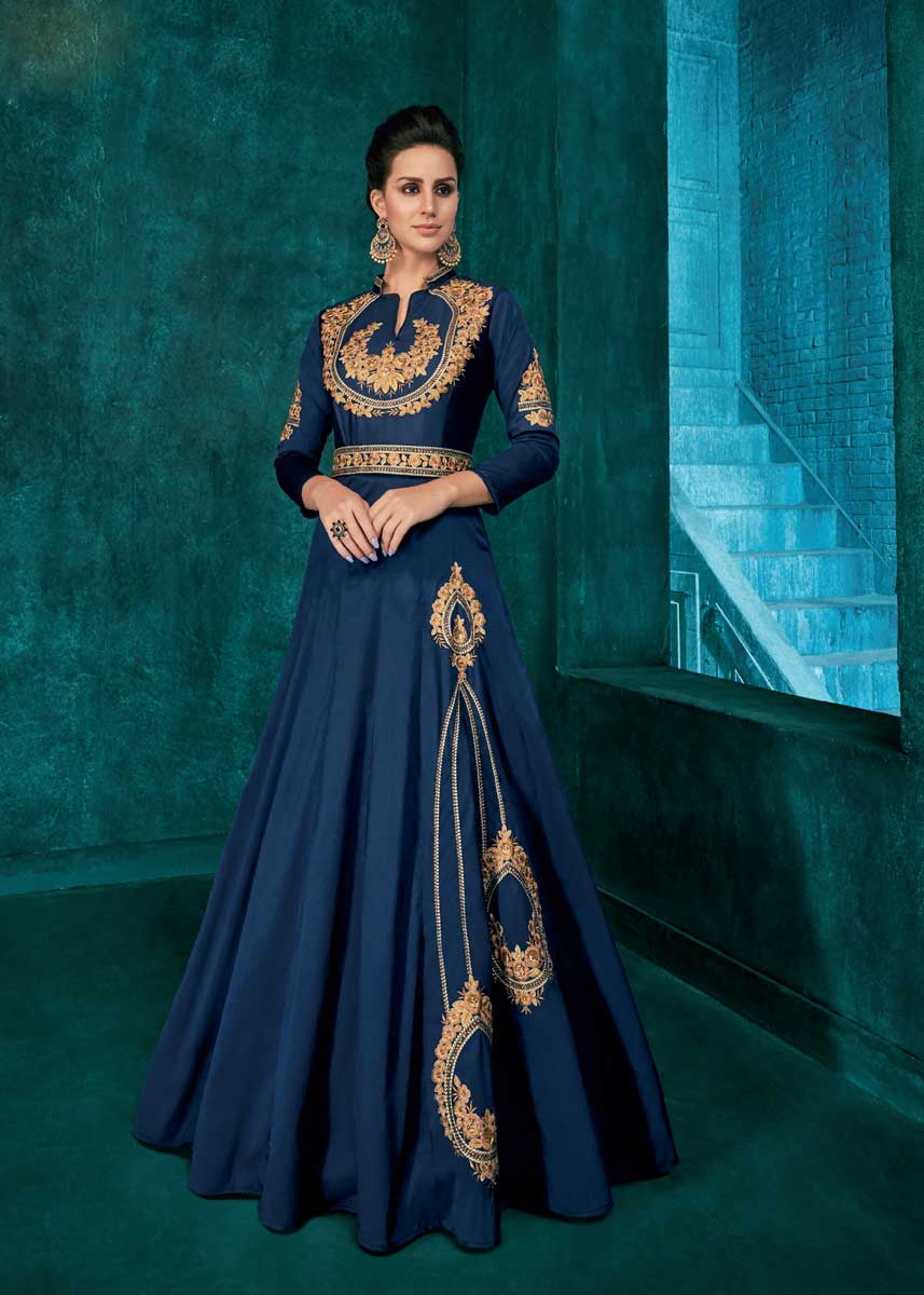 Elegant Dark Teal  Blue Triva Silk Gown | Heavy Embroidery with Three-Quarter Sleeves