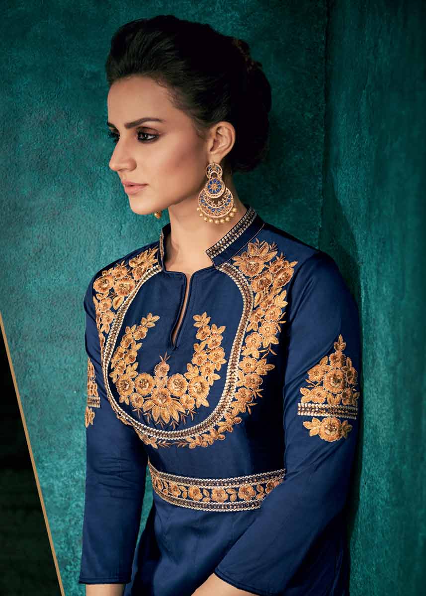 Elegant Dark Teal  Blue Triva Silk Gown | Heavy Embroidery with Three-Quarter Sleeves